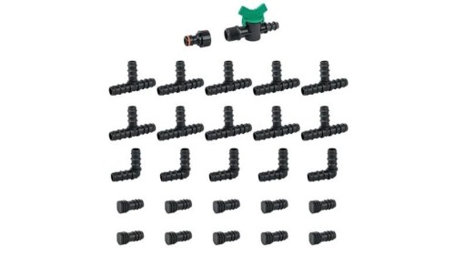 Zestaw akcesoriów do linii kroplującej 16mm (przyłącze, zawór, trójniki, kolanka, zaślepki) 27 elementów BRADAS