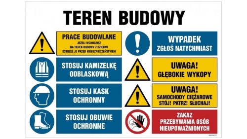 ZNAK - OI022 Teren budowy, Uwaga! Praca ciężkiego sprzętu 100 x 75 cm FN - Folia samoprzylepna