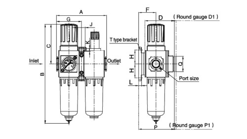 Blok przygotowania powietrza G 1/8 GW do 10 bar, regulacja 1,5-9 bar, 5 um