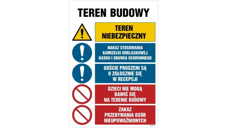 ZNAK - OI005 Teren niebezpieczny, Nakaz stosowania kamizelki odblaskowej, kasku i obuwia ochronnego, Goście prosz 70 x 105 cm PN