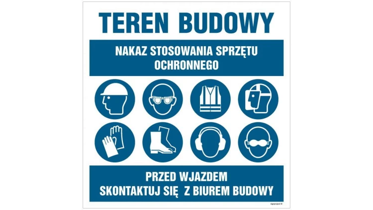 ZNAK - OI034 Nakaz stosowania sprzętu ochronnego, Przed wjazdem skontaktuj sie z biurem budowy 70 x 70 cm ON - Blacha ocynk