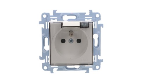 Simon 10 Gniazdo pojedyncze IP44 z uszczelką z przesłonami torów prąd. klapka w kolorze transparentnym, szybkozłącza, biały 16A.