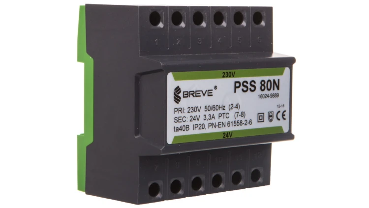 Transformator 1-fazowy modułowy bezpieczeństwa PSS 80N 230/ 24V 3,3A, na szynę DIN, IP20, Ta 40, 16024-9889
