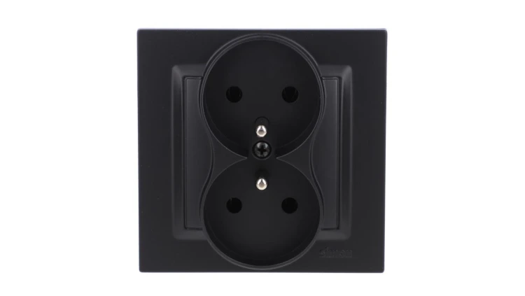 Simon 10 Gniazdo wtyczkowe z uziemieniem podwójne, monoblok, 16A, 250V, zaciski śrubowe kompletne, czarny mat CGZ2/49