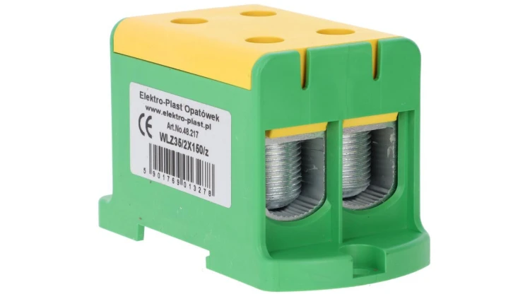 Blok rozdzielczy-odgałęźny 2x1-biegun AL/CU 35-150mm2 żółto-zielony montaż płaski i na szynę TH WLZ35/2x150/z 48.217