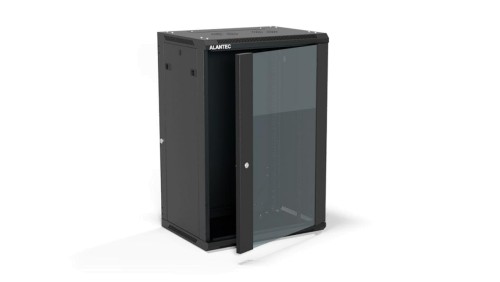 Szafa rack wisząca 19 cali 18U 600x450, drzwi szklane, tył i osłony boczne demontowalne, FLAT PACK kolor czarny ALANTEC