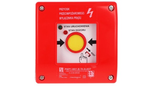 Ręczny przycisk przeciwpożarowego wyłącznika prądu PWP1 (1NO) z certyfikatem CNBOP - 2LED zielony/czerwony 230V