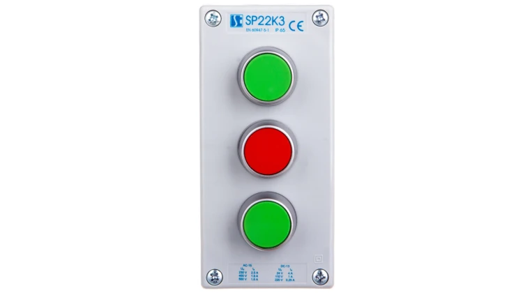 Kaseta sterownicza 3-otworowa 2xzielony/czerwony 2Z 1R IP65 1x membrana M20 szara SP22K3\02-2