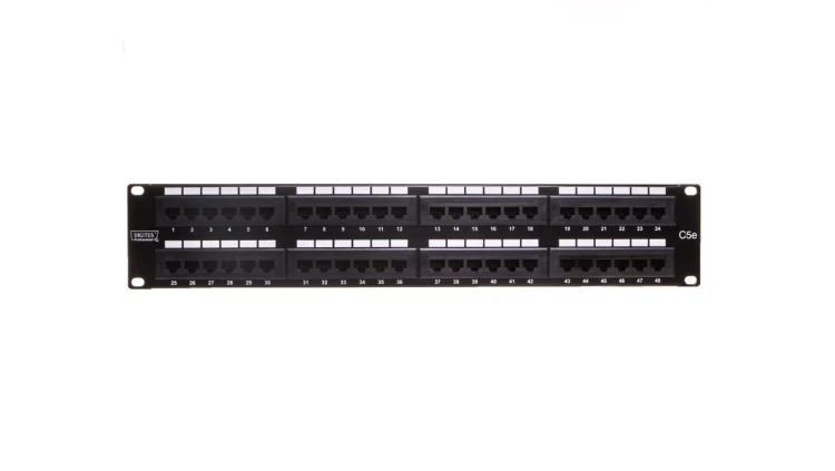 Patch panel kompletny 19 cali 48x RJ45 U/UTP kat. 5e 2U czarny (RAL 9005) DN-91548U