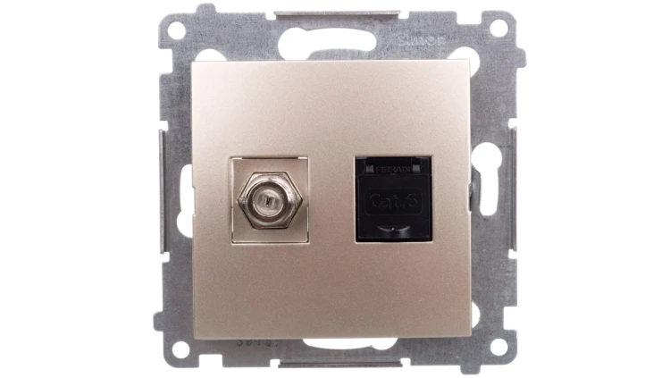 Simon 54 Gniazdo antenowe typu F+ komputerowe RJ45 kat.6 złoty mat DASFRJ45.01/44