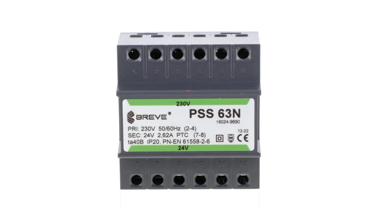Transformator 1-fazowy modułowy bezpieczeństwa PSS 63N 230/ 24V 2,6A, na szynę DIN, IP20, Ta 40, 16024-9890
