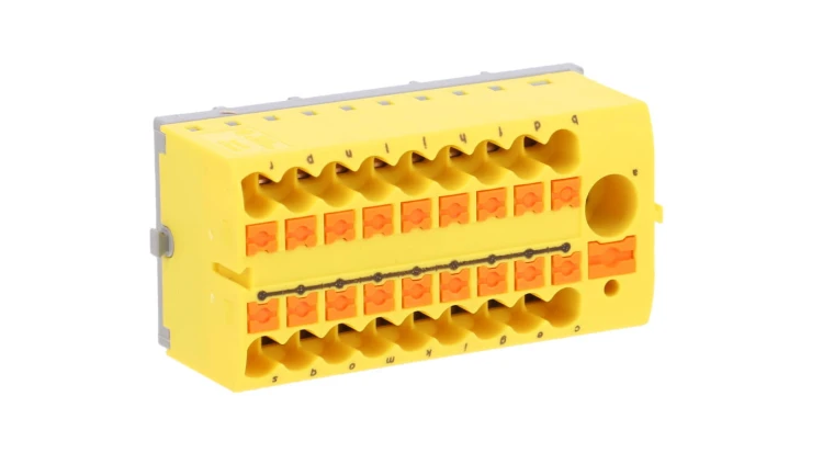 Blok rozdzielczy PTFIX 6/18X2,5-NS35 YE, żółte złącze przemysłowe - 18 punktów przyłączeniowych o przekroju 2,5mm2