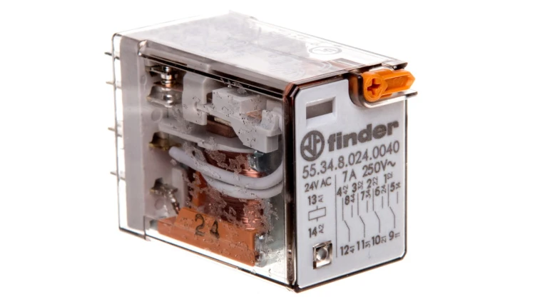 Przekaźnik miniaturowy 4P 7A 24V AC przycisk testujący mechaniczny wskaźnik zadziałania AgNi 55.34.8.024.0040