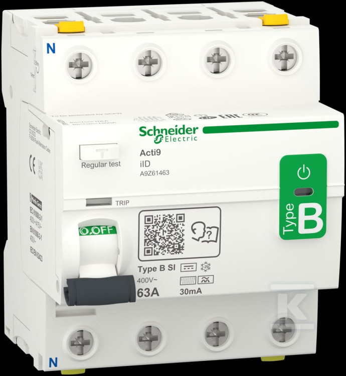 Wyłącznik różnicowoprądowy Schneider Electric A9Z61463 63A 4P 30mA typ B-SI. Ochrona instalacji PV, EV i napędów z falownikami.