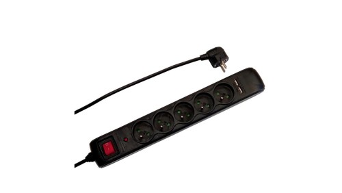 Przedłużacz 5-gniazdowy, +2xUSB 1,4m czarny, z filtrem przepięciowym, z wyłącznikiem, 3x1,0mm OWY / 34106