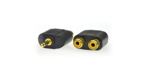 Przejście Adapter Audio AUX mini Jack 3,5mm Stereo (wtyk) / 2x RCA Cinch (gniazdo) pozłacany czarny