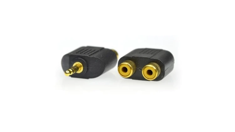 Przejście Adapter Audio AUX mini Jack 3,5mm Stereo (wtyk) / 2x RCA Cinch (gniazdo) pozłacany czarny