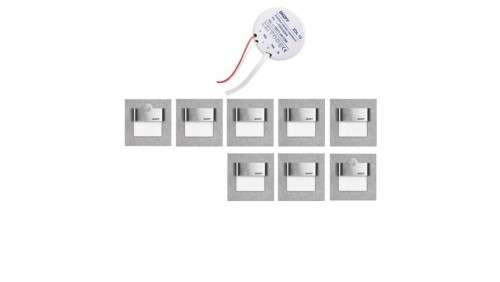 6x oprawa schodowa Skoff Tango ciepła 3000K + zasilacz 15W do puszki fi60 10V DC + 2x oprawa schodowa Skoff Tango z czujnikiem r