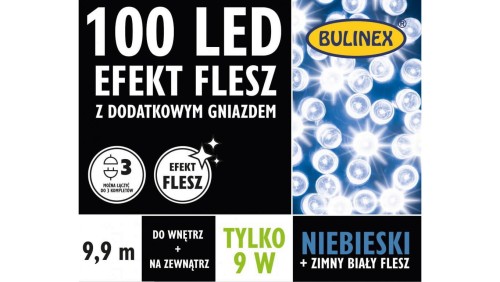 Lampki Bulinex 100led niebieski/biały 9,90m flesz z dodatkowym gniazdem sznur