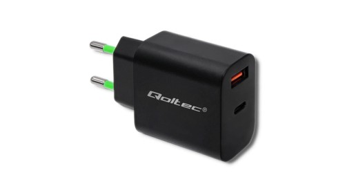 Qoltec Ładowarka sieciowa 18W 5-12V 1.5-3A USB typ C PD USB QC 3.0 Czarna