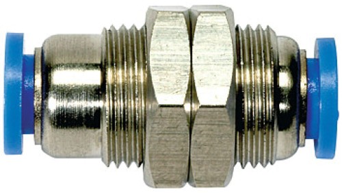 Złączka pneumatyczna wtykowa grodziowa M24 do węża fi 14 mm, mosiądz niklowany