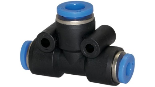 Trójnik pneumatyczny wtykowy redukcyjny typu T do węża z fi 2x12 mm na 1x10 mm, tworzywo sztuczne