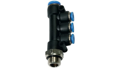 Rozdzielacz pneumatyczny wtykowy z trzema odejściami G 1/8 GZ, 4x10 mm, tworzywo sztuczne