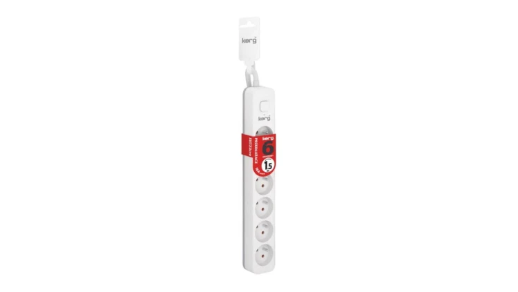 Przedłużacz KERG z wyłącznikiem-6 gniazd-biało-szary-1,5m-16A-H05VV-F-3x1,5mm2