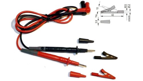 Kable silikonowe pomiarowe do miernika (wtyk kątowy) 2x1m czarny czerwony zestaw z krokodylkami i adaptorami banan 4mm FORSCHER