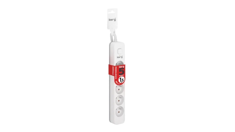 Przedłużacz KERG z wyłącznikiem-5 gniazd-biało-szary-1,5m-16A-H05VV-F-3x1,5mm2
