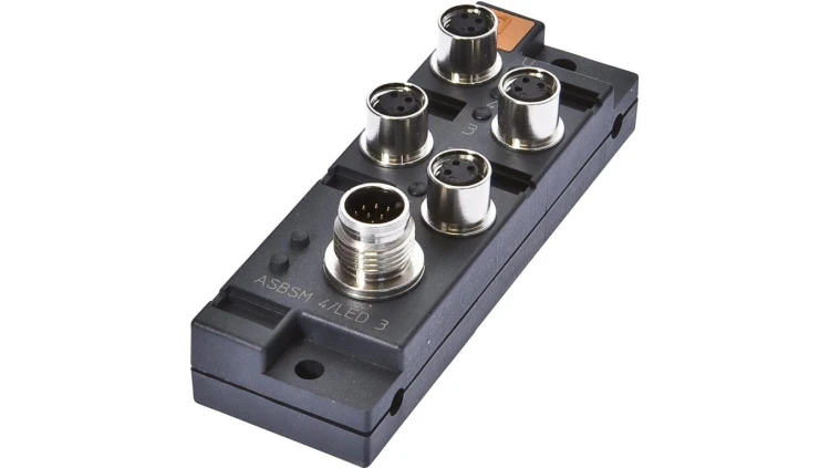 Rozdzielacz, 29x90x30mm, 10-30VDC, 4x M8 3-PIN, M12 12-PIN, IP67, PBT, 1.5A VK001021