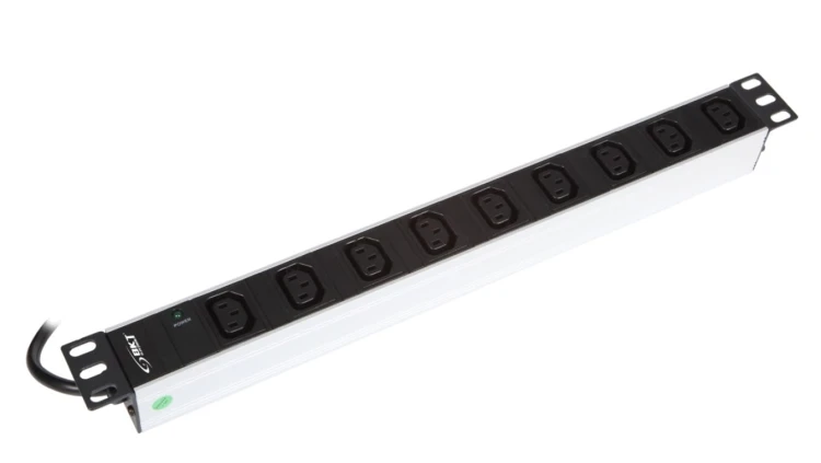 Listwa zasilająca aluminiowa 19 1U, gniazd 9xIEC320 C13 10A/250V, wtyk IEC320 C14 10A/250V, 16A/250V/2500W, kontrolka LED, kabel