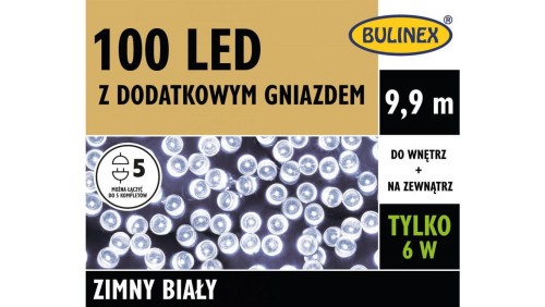 Lampki Bulinex 100led białe zimne 9 9m z dodatkowym gniazdem sznur