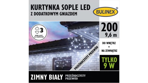 Lampki Bulinex 200led białe zimne 9,60m sople z przewodem przeźroczystym kurtyna