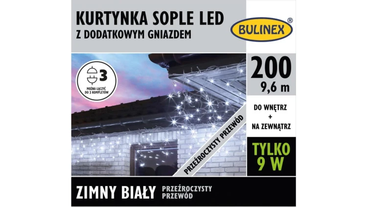 Lampki Bulinex 200led białe zimne 9,60m sople z przewodem przeźroczystym kurtyna